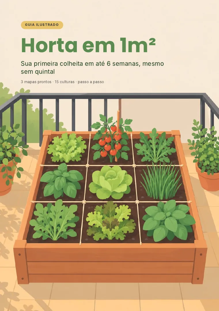 Capa do e-book Horta em 1m², com um canteiro de madeira dividido em nove quadrados cheios de hortaliças